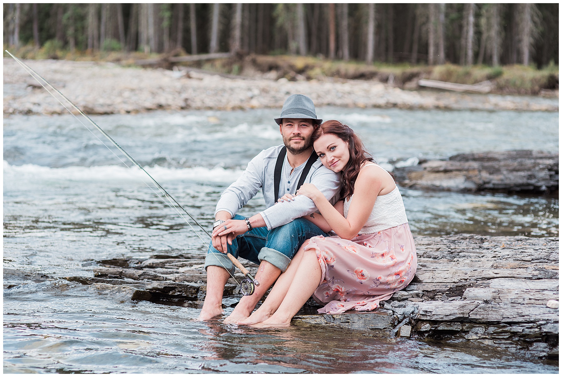 Fly fishing and campfire engagement session in the Rockies